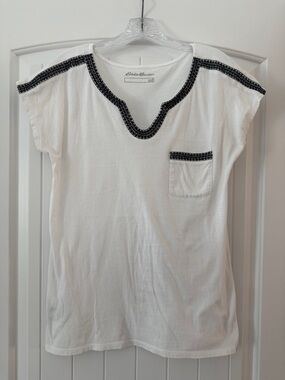 Eddie Bauer White Tee with Navy Trim Accents